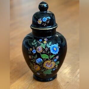 Vintage Ardalt Chinoiserie Black Glass Floral Ginger Jar Vase Made in Italy